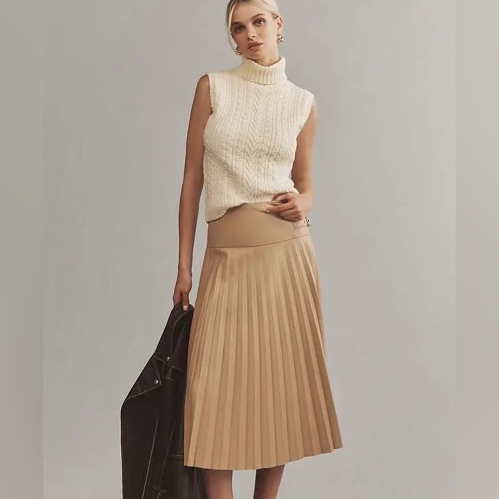 Anthropologie Caballero Buckle Faux Leather Pleated Midi Skirt Small Beige New